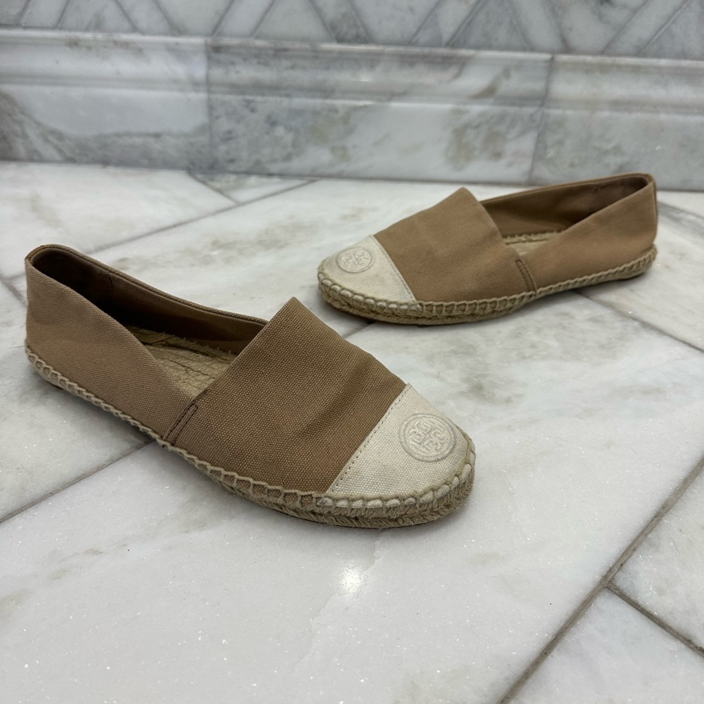 Size 9 Tory Burch Tan / Ivory Colorblock Espadrille Flats